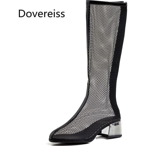 Dovereiss Fashion Womens Shoes Round toe Sexy Elegant Back zipper Concise Block heels Mesh Mature Knee high boots 43