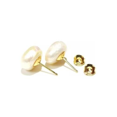 New Stuning Favorite Baroque Pearl Stud Earrings 925 Sterling Silver Gold Color White Freshwater Pearl 13mm Women Fine Jewelry
