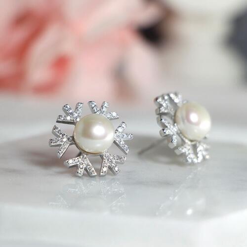 Zircon Snowflake Shape Pearl Stud Earrings S925 Sterling Silver Stud Earrings for Women