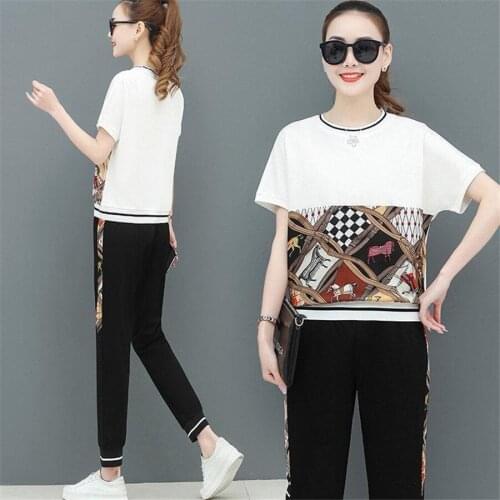 Women 2 Piece Summer Sets 2021 Womens Casual Sportswear Set Short-sleeved Printed Tops+ Long Pant Tracksuit Suit