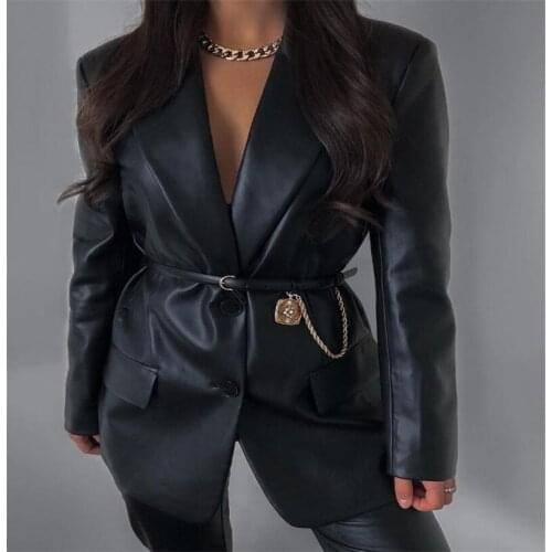 Womens Solid Color Suit Collar Fashion Personality Versatile One Piece PU Leather Suit Toat Top Spring Autumn Black False Pocke