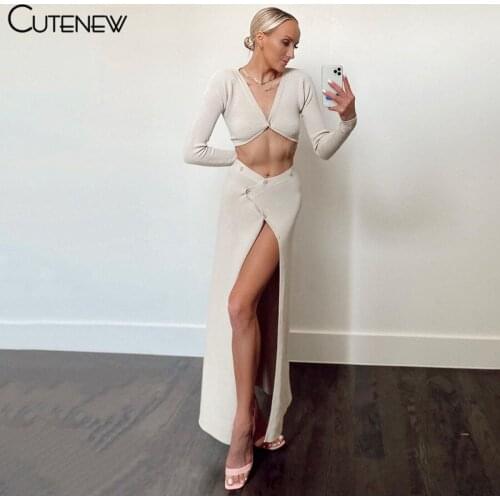 Cutenew Solid Elegant Knitted Two Piece Set Women Outfits Sexy V-neck Long Sleeve Tee+Maxi Split Skirt Suit Simple Lady Clothing