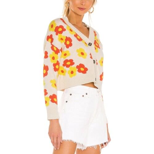 Womens Cropped Cardigan Sweater Coat Long Sleeve Button Down Floral Print Knittedwear Fall Winter Sweaters