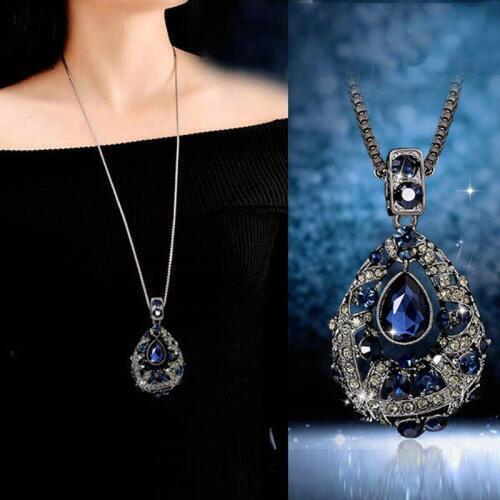 Women Crystal Sweater Chain Long Necklace New Fashion Jewelry Accessories with Water Drop Pendant Bijoux Choker