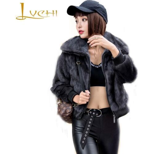 LVCHI Winter 2019 V-Neck Real Mink Fur Coat Womens Zipper Long Sleeve Grey Jacket Coat Short Turn-Down Collar Slim Mink Coats