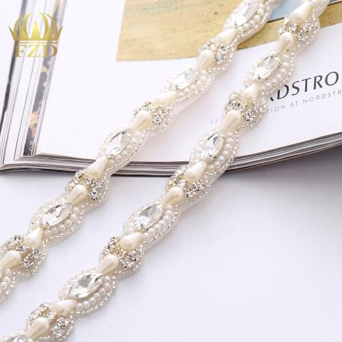 1piece) Handmade Beaded Sew On Hot Fix Sliver Clear Bling Rhinestone Crystal Wedding Sash Applique for Bridal Belt Wristbands