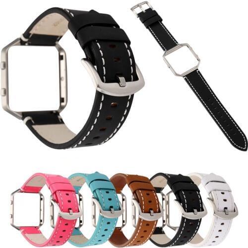 23mm Genuine Leather Wrist Strap for Fitbit Blaze Band Cowhide Watchbands Bracelet with Silver Metal Frame Case Protective Cover