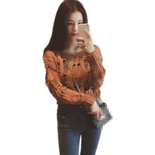 ZB3304 2020 spring autumn new women long-sleeve loose hollow round collar show thin pullover knitted sweater cheap wholesale
