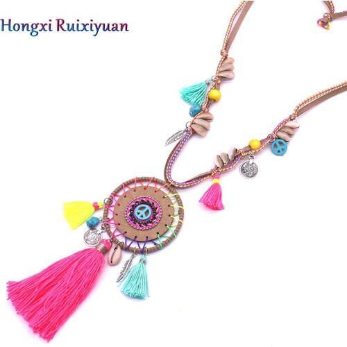 Bohemian style round handmade beaded ladies pendant necklace fashion tassel crystal shell leather braided necklace jewelry