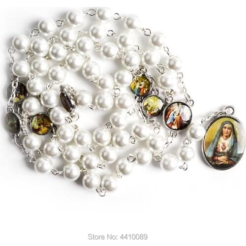Seven Sorrow Chain Rosary Necklace White Glass Bead Blue Acrylic Beads