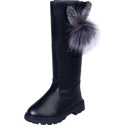 CUZULLAA Girls Rabbit High Boots Children Fashion Knee-high Boots with fur for Girls Princess Snow Boots Kids Soft Bottom Shoes