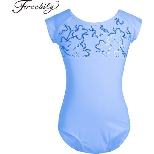 Kids Girls Short Sleeves Sequined Ballet Dance Gymnastics Leotard One-Piece Swimsuit Strappy Back Children Stage Dance Wear