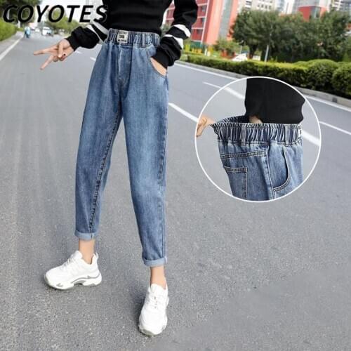 COYOTES Women Jeans Harem Pants Womens Ankle-length Elastic Waist Trousers Solid Casual Loose Pant Washed Simple Fashion