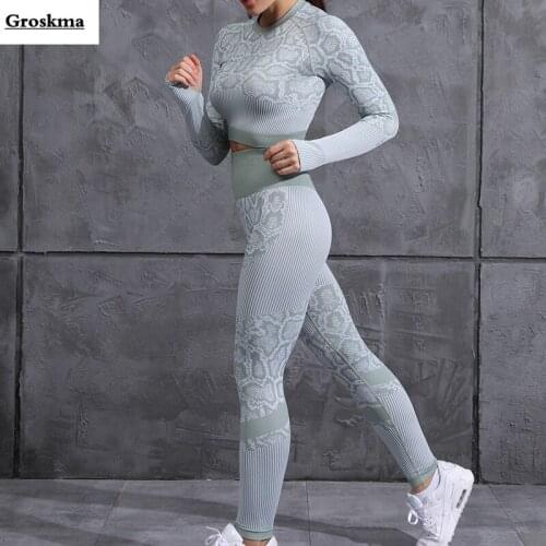 2 Piece Set Women Yoga Clothing Fitness Gym High Waist Pants+Long Sleeve Crop Top T Shirt Outdoor Sports Suit Running Seamless
