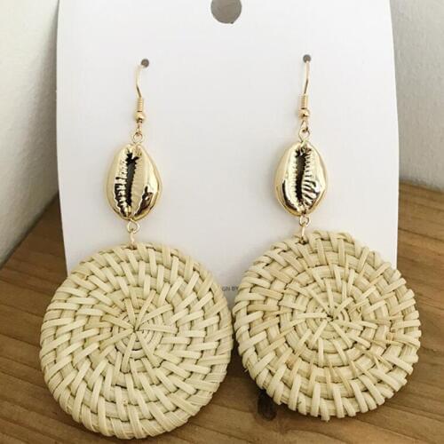 Fashion Bohemian Style DIY Rattan Weave Round Drop Earrings Nice Shell Beads Rattan Knit Women Earrings one pair y12247