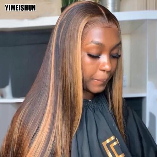 YIMEISHUN Hightlight Wig 13x1 T Part Lace Front Wig Straight Brazilian Remy Lace Frontal Wigs 4x4 Lace Closure Human Hair Wigs