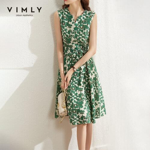VIMLY Summer Dresses For Women Office Lady Sleeveless V Neck Floral Dresses High Waist Bandage A Line Elegant Maxi Dress F7767