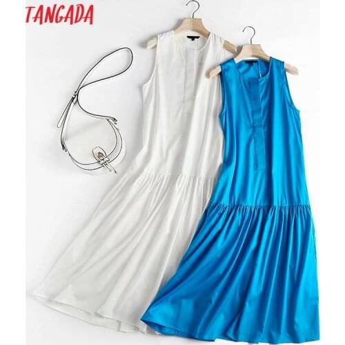 Tangada Women White Cotton Tank Dress Sleeveless Buttons 2021 Summer Fashion Lady Maxi Dresses High Quality 4C135
