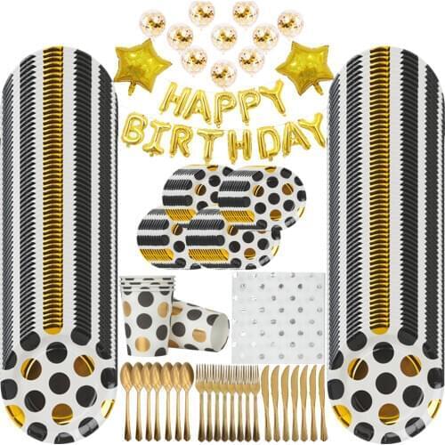 Black Gold Dot Style Adult Birthday Party Supplies Plates Cup Napkin Disposable Tableware Fork Knife Spoon Wedding Party Decorat