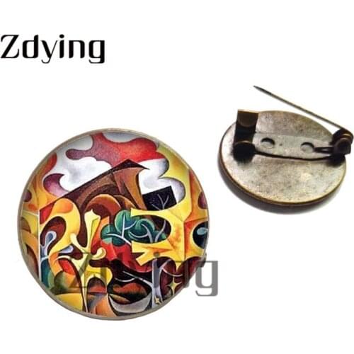 Zdying Modern Abstract Art Painting Badge Brooches Glass Photo Cabochon Antique Bronze Pins For Bag Clothes Accessories GE014