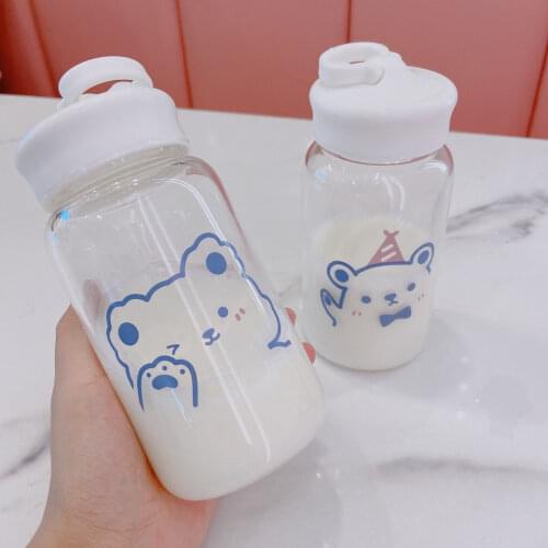 Cartoon Bear Glass Water Bottle Thick Heat Resistance Drinking Bottles Cute Milk Coffee Tumblers for Student Girl Gift