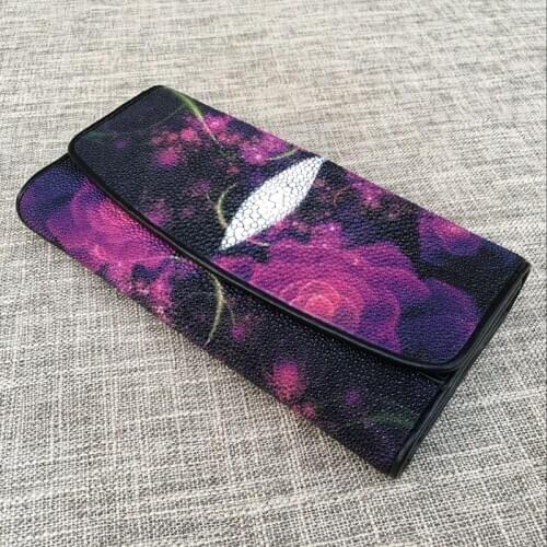 Thailand Authentic Exotic Stingray Skin Womens Large Trifold Wallet Genuine Leather Female Flower Clutch Purse Lady Card Holder