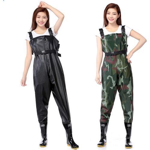 Outdoor anti-wear breathable chest long wading pants camo waterproof PVC men women fishing waders boots shoes jumpsuit trousers