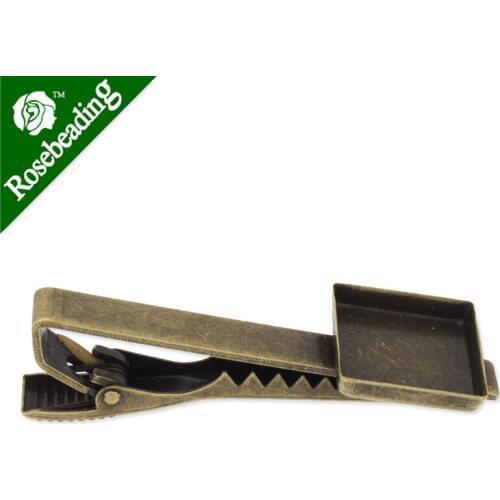 Tie Clip Bar with 15x15mm square bezel,Brass filled,Antique Bronze plated,length 51mm,sold by 20pcs/lot-C3581