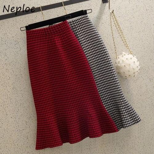 Neploe High Waist Hip Knit Mermaid Skirt Women Vintage Plaid Temperament Jupe Femme Spring Winter 2021 New Slim Faldas Mujer