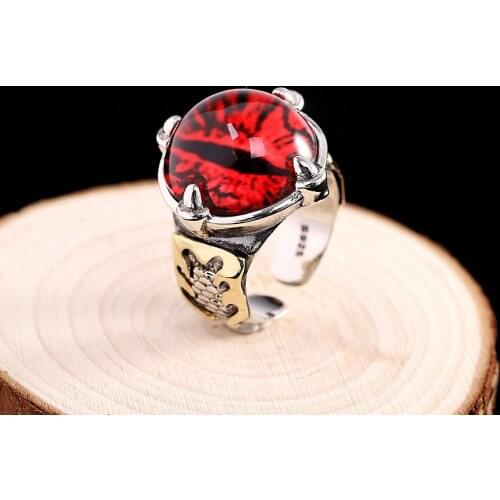 Punk Female Male Demon Eye Ring Real 100% 925 Sterling Silver Wedding Rings For Women Men Punk Red Open Engagement Ring