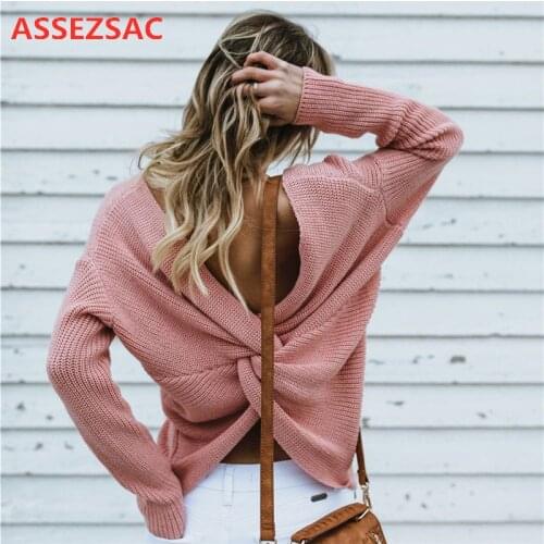 ASSEZSAC 2020 New Sweater Women Autumn Winter Sexy Backless Cross Pullover Jumper Knitting Loose Clothes Fashion Winter Sweater