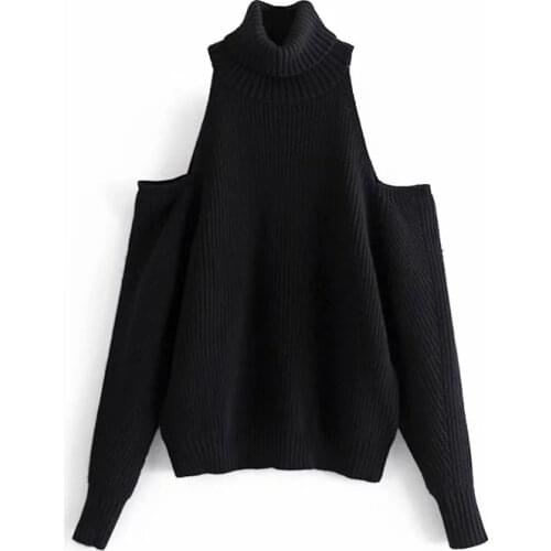 ZA New Sexy Knitted Sweater Off Shoulder Pullovers Sweater Women Long Sleeve High Collar Female Loose Thickening Chic Clothing
