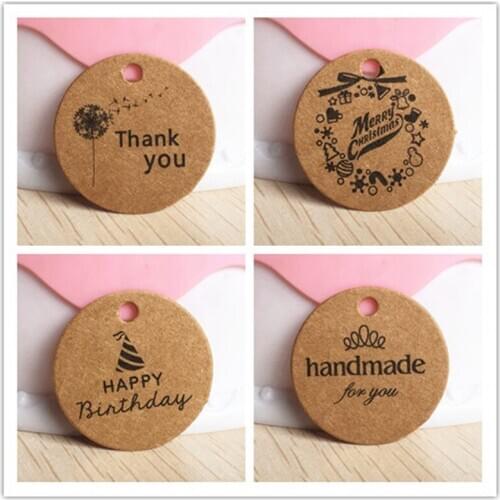 100 Pcs 3cm Multi Cute Round Brown White Paper Gift Label Tags Handmade Charms Tag Cake Wedding Favors /Cookies Decorative Tag