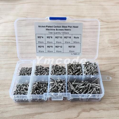 1000pcs M2(2mm) Nickel Plated Carbon Steel Phillips Pan Head Machine Screws Whit Assortment Kit NO.N-7985-01