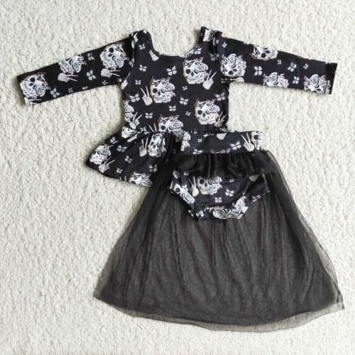 0-6 year old baby girl long-sleeved bummies suit skull print black top and black mesh thong skull print girl 2 pcs