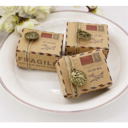 50Pcs Vintage Wedding Envelope Air Mail Kraft Paper Candy Box Rope Earth Compass Accessories Gift Packaging Christmas Supplies