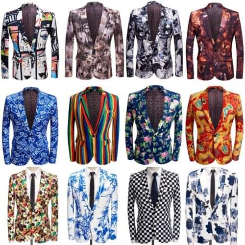 Large size mens printed suits jacket korean casual blazers spring autumn models with a buckle European and American style