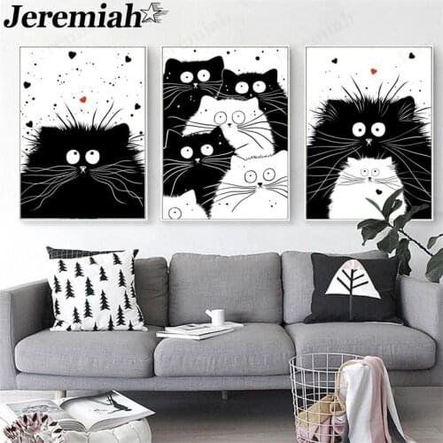 Black and White Cat Canvas Painting Animal Cute Simple Poster Wall Art Modern Childrens Room Home Decoration Accessories