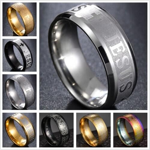 Stainless Steel Black Color Jesus Cross Ring Letter Bible Prayer Finger Rings For Men 8mm Amulet Jewelry