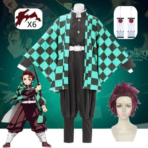 Anime Adult Kids Demon Slayer Tanjirou Kamado Cosplay Costume Kimetsu no Yaiba Men Kimono Halloween Costume Set