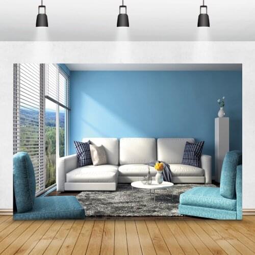 Laeacco Blue Wall Window Sofa Interior Room Decor Photography Backdrop Living Room Forest Trees Photo Backgrounds Photo Studio