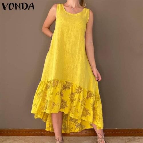 Summer Dress 2021 VONDA Women Vintage Lace Patchwork Irregular Party Long Dress Holiday Casual Sleeveless Robe Femme Vestido