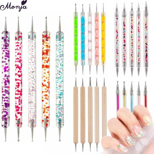 Monja 5 Pcs/Set Dual End Nail Art Decoration Rhinestone Dotting Tool Picking Pen Pattern DIY Painting Carving Brush Manicure Kit