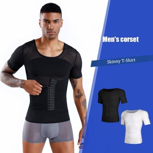 Mens Shapewear Adjustable Waist Cinch Slimming Tops Ultra-thin Breathable Mesh Compression T shirt Undershirt