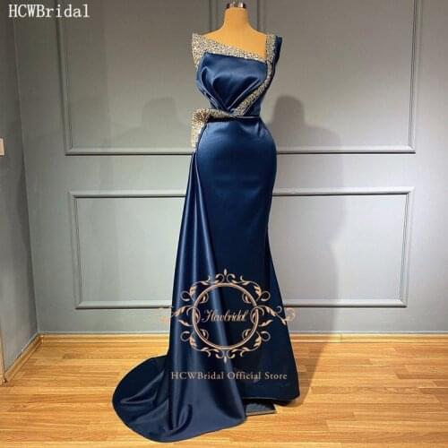 New Design Long Navy Blue Evening Dress With Silver Beads Mermaid One Shoulder Charming Women Party Occasion Formal Gowns