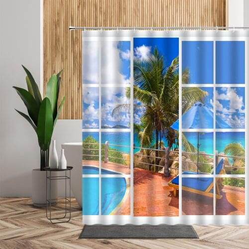 Sea Scenery Shower Curtain Ocean Green Coconut Tree Beach 3D Bathroom Bath Decor Polyester Window Landscape Living Room Curtains