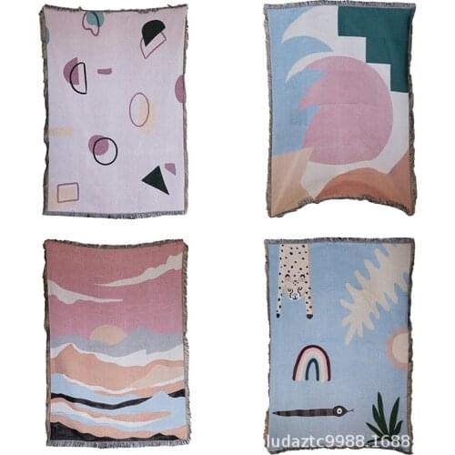Pure Cotton Jacquard Geometry Sofa Knitted Throw Thread Blanket With Tassel Home Decor Wall Hanging Tapestry Sofa Cover Blankets