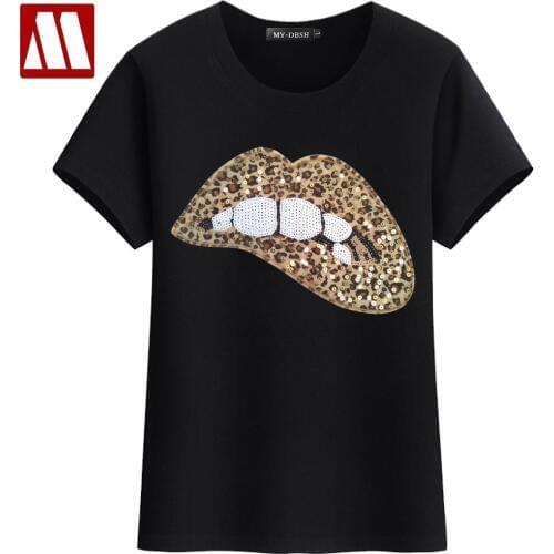 Harajuku Ladies Biting Lips Paillette T-shirt Tops Tees Female Lipstick T Shirts Summer New Womens Casual Leopard Lip Sequined
