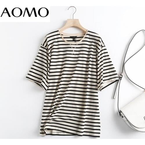 AOMO 2021 Women High Quality Striped Cotton T Shirt Short Sleeve O Neck Tees Ladies Casual Tee Shirt Street Wear Top 6D94A