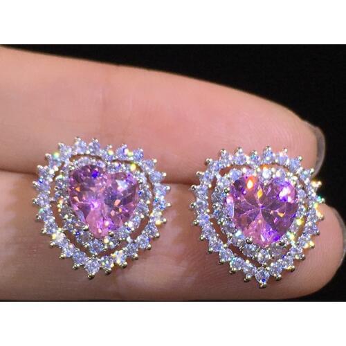 Crystal Female Pink Zircon Stone Earrings Fashion Silver Color Wedding Jewelry Cute Female Big Heart Stud Earrings For Women